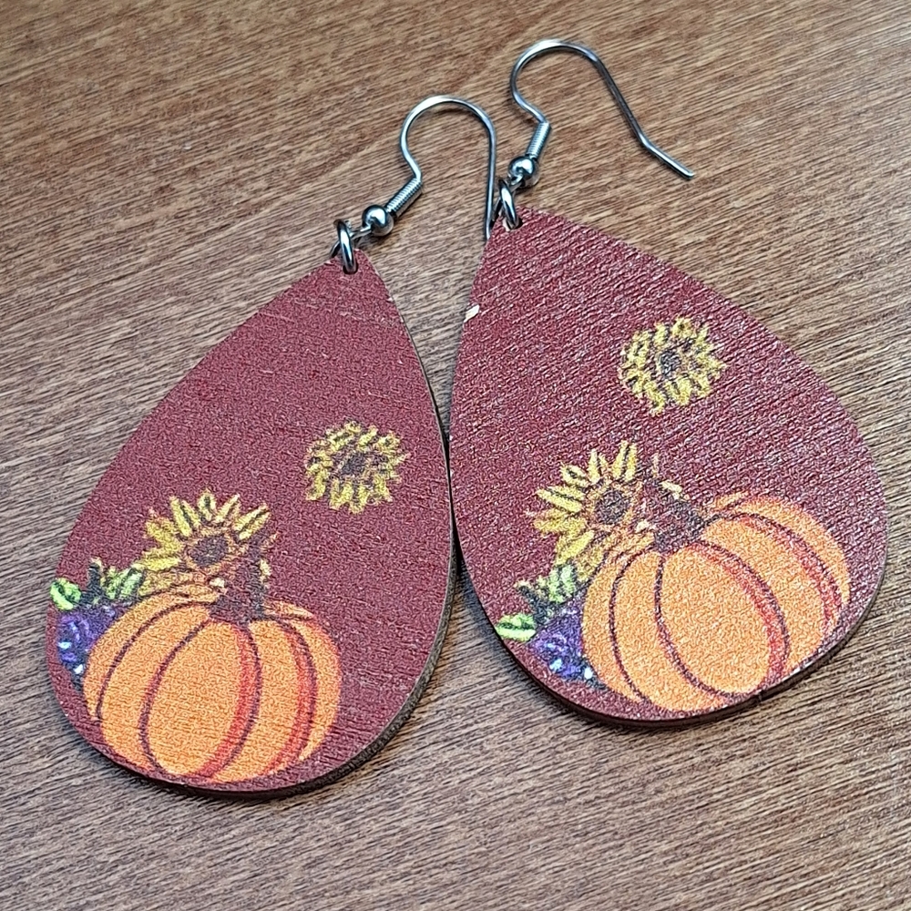 Wooden Pumpkin Teardrop  Shaped Earrings